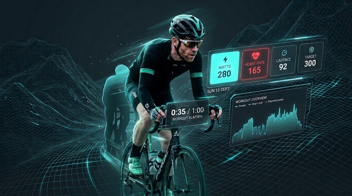 Cyclist with live workout dashboard overlay